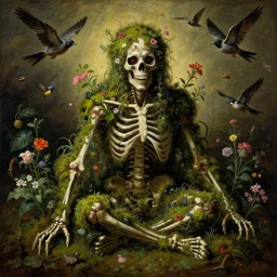 'Life from death' A horrifyingly detailed aesthetic horror mate painting depicting 'A mossy skeleton with plants and flowers growing all over it, birds and insects flying all around it' by giuseppe arcimboldo and Rembrandt, Trending on cgsociety artstation, 8k, masterpiece, cinematic lighting, highly detailed, vibrant colors.