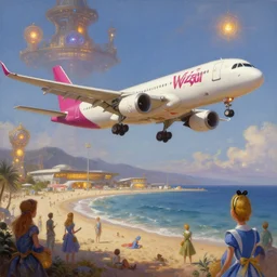 a fuzzy fantasy painting of a wizzair airbus a 3 2 1 - neo landing at skiathos airport, low over the heads of the people on the beach, alice in wonderland ( 2 0 1 0 ), beautiful glowing lights, sci - fi, stunning, intricate, elegant. highly detailed, digital painting. artstation. smooth. sharp focus. illustration. art by artgerm and greg rutkowski and alphonse mucha