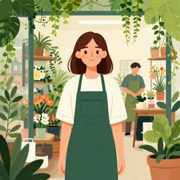 editorial illustration portrait of a woman in a florist shop interior foliage overgrowth, ivy, flowers, mads berg, christopher balaskas, victo ngai, rich grainy texture, detailed, dynamic composition, wide angle, kurzgesagt, matte print, unreal engine, screen print, ( ( dither ) )