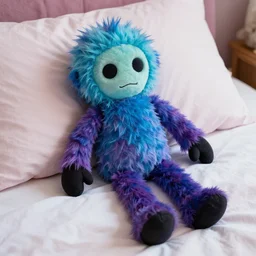 photograph of a spindly man plushy on a bed, fluffy plush, spooky, vibrant color photo