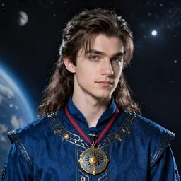 beautiful portrait of a handsome young male wizard wearing a fancy blue tunic, l medallion!! around neck, art by wlop and artgerm, steampunk fiction, detailed eyes, long dark brown hair in ponytail!!!, space background, artstation, sharp focus, illustration, caustics, octane render, 4 k, radiant light