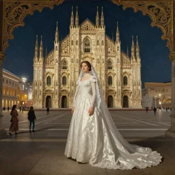 breathtaking detailed painting of a young bride, christian saint, a long flowing dress, on a sunlit plaza with a cathedral in the center, rule of thirds, ornate background, by Rembrandt, Hsiao-Ron Cheng, Rebecca guay, night lighting, 8K