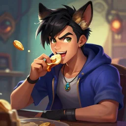 ahri from LoL eating pringles, digital art by Ross Tran