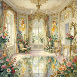 a beautifull intricate watercolour painting of a victorian room with many flowers, reflexions, verry high details by william turner art, greg rutkowski and alphonse mucha, trending on artstation, very very detailed, beautifull linework, masterpiece, wide lens,