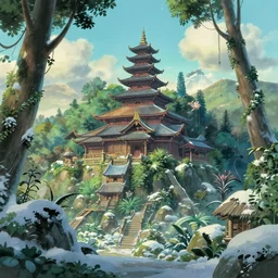jungle temple in the mountains, winter scene, studio ghibli, unreal engine, desktop wallpaper, 4 k