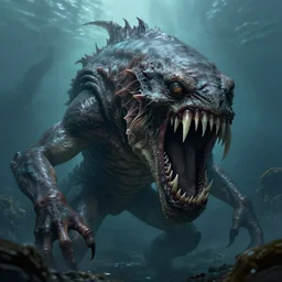 terrifying sea creature, big teeth, ominous, scary, realistic, digital art, trending on artstation