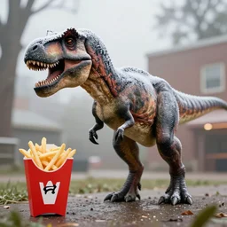 Tyrannosuarus Rex getting a frosty from Wendys, photorealistic