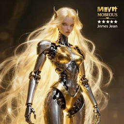 gold and silver tones, mech princess, style of moebius, james jean, mcbess, long glowing ethereal hair, cinematic, highly detailed, award winning