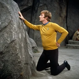 william shatner on his kneeds awkwardly gyrating his hips against a rock, trying to make passionate love to the mountain, photo from the set of star trek 1970, 35mm television film