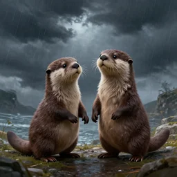 illustration hyper detailed otters holding hands in a huge storm cinematic trending on artstation masterpiece