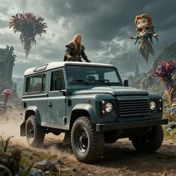Land Rover Defender 110 (1985), an epic fantasy, dramatic lighting, cinematic, establishing shot, extremely high detail, photorealistic, cinematic lighting, artstation, by simon stalenhag, The Elder Scrolls III: Morrowind, the Nerevarine drives across Morrowind, strange flora, Betty Netch floating around