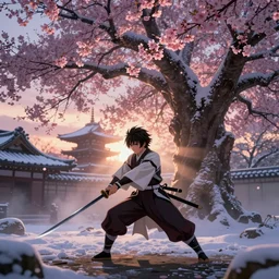A character from the game Sekiro, action pose with a weapon, ancient Japanese architecture, giant cherry trees, winter, snowy, god rays, bloom, volumetric fog, moody ambiance, cinematic lighting, twilight, sunset, rose and lavender and amber tones, Bouguereau, Maxfield Parrish, Alphonse Mucha, fantasy, portfolio illustration, highly detailed, trending on Artstation, CGsociety, HQ, 8k, 35mm lens, f2.8, Bokeh,