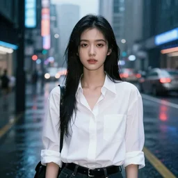 a beautiful photo of a young woman in a white shirt in the rain outside in the street in a cyberpunk city