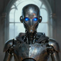 portrait of an metal robot wizard, blue bright eyes, window, intellectual, sofisticated, fantasy, highly detailed, digital painting, artstation, concept art, character art, art by greg rutkowski and tyler jacobson and alphonse mucha
