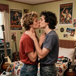 two young men kissing in a messy 80s bedroom interior, tons of musical instruments and band posters, hyperrealistic surrealism, award winning masterpiece with incredible details, trending on ArtStation, artgerm and greg rutkowski and alphonse mucha, daily deviation, IAMAG