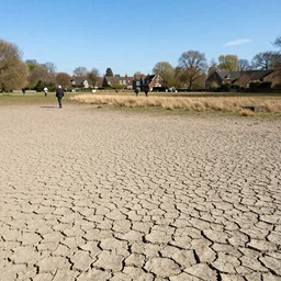Parched ground on Hampstead Heath. Cracked ground, London, dry grass, people walking, blue sky, photorealistic