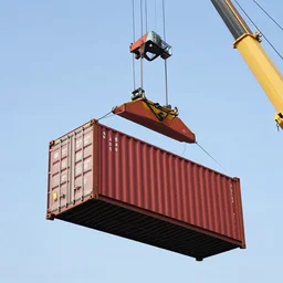 digital photography of a crane lifting a container, shot from the ground looking up, close shot, clear sky