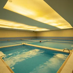 a seemingly endless series of pool tiles with no natural lighting, led yellow - tinted ceiling lighting, simple wallpaper, and pools that extends throughout the entire system of pools