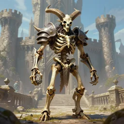 a spiked horned detailed semiork - semihuman skeleton with armored joints stands in a large castle with a pebble in hands. wearing massive shoulderplates. extremely high details, realistic, fantasy art, solo, masterpiece, bones, artstation contest winner, vibrant art by ariel perez, michael whelan, rebecca guay, ed binkley, johannen voss