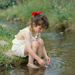 7 years old rina playing with the water, wearing white cloths, and a red bow in her hair, sitting by the side of a creek, in the painting style of renoir, 8 k, detailed, tele photo lens, rule of thirds