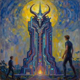 a cyberpunk art deco monument to moloch by greg rutkowski and claude monet, gopro, oil on canvas