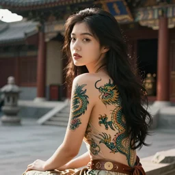 a full figure Portrait of a beautiful asian girl with a tattoo of a dragon on her back sitting in a temple by Norman Rockwell