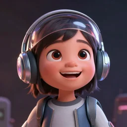 a painting of cute Asian girl smiling, scifi headset, in the style of Pixar animation, low angle view, 16mm lens, award winning, hyper detailed, dramatic lighting, artstation, octane renderer, unreal engine