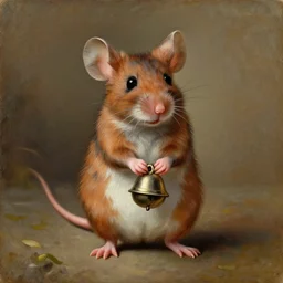 an old oil painting of a cutest mouse standing on two feet with a round bell in its hands, professional painting, extremely detailed