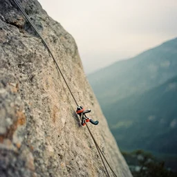 mountain climbing rope on cliff album cover, soft lighting, film, nostalgia