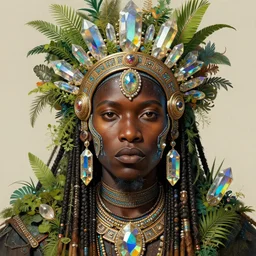 upper half portrait of retro futuristic african tribal chief - embellished with vegetation and iridescent crystals, art by shinya edaki, highly detailed, digital painting, concept art, illustration, smooth sharp focus, intricate, symmetry, artstation, colourful,