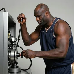 a frustrated shaquille o'neal trying to operate an incredible complicated machine