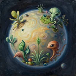 a beautiful alien planet with plants and animals. Oil painting in the style of Van Gogh.