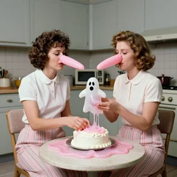 1985 two women in a vintage kitchen baking a cake wearing an inflatable long prosthetic snout nose made of gooey pink slime, soft color wearing stripes sitting on chairs covered in soft fabric, pink slime everywhere, grey striped walls, studio lighting 1985 color film archival footage holding a hand puppet that looks like Caspar the Friendly Ghost, 16mm John Waters Russ Meyer Cassavetis Doris Wishman