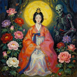elegant flowers, gorgeous korean goddess, beautiful zombie, necronom v painting by lise deharme and hr giger, lovecraft, vibrant color scheme