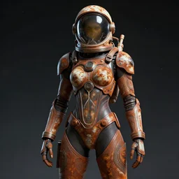 ornate beautiful hourglass feminine rusted cyborg in full body skin space suit, helmet, concept art, joshua rife, photoshoot, intricate, highlydetailed, space background, artstation 4 k raytracing, shadows, highlights, illumination