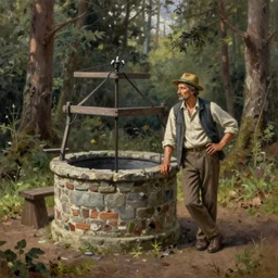a man resting beside an old well, in a forest, highly detailed, oil painting, masterpiece, nature, fantasy illustration, romanticism, award winning, realistic, classical art
