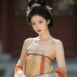 beautiful fashion girl in tang dynasty, strapless dress, character portrait in the style of thomas river and artgerm, wlop, cinematic lighting, hyperdetailed, 8 k realistic, symmetrical, global illumination, radiant light, halo, love and mercy, frostbite 3 engine, cryengine, dof, trending on artstation, digital art, chanel