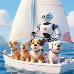 puppies on a sailboat with a cyborg captain 4k