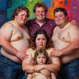 sad and disturbing portrait of happy obese american family, vivid colors, neon, art by ( ( ( kuvshinov ilya ) ) ) and wayne barlowe and francis bacon and artgerm and wlop and william - adolphe bouguereau