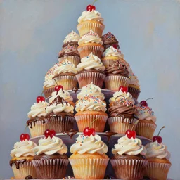 a giant tower of cupcakes stacked on top of each other, cream dripping, chocolate everywhere, oil painting, detailed, prismatic, sprinkles and cherries, wide angle, extreme angle, looking up from below tower, extreme perspective