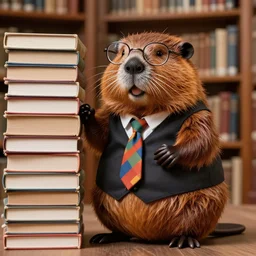 a dignified beaver wearing glasses, a vest, and colorful neck tie. he stands next to a tall stack of books in a library.