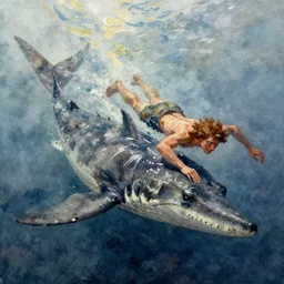 watercolor painting of prehistoric caveman, swimming to escape plesiosaurus, paint brush strokes, art by eric christensen, masterpiece, cinematic light, american romanticism