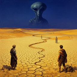 the ancient alien home world by ivan shishkin and zacharias aagaard and simon stalenhag and donato giancola, dry river bed, barren desert landscape, chiaroscuro, tonalism, sfumato, high saturation, high contrast, vibrant, highly intricate details, dusty
