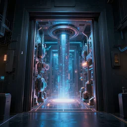 a doorway that uses a low - proximity magnetic distortion system to go to another dimension, portal, lights, machinery, digital art