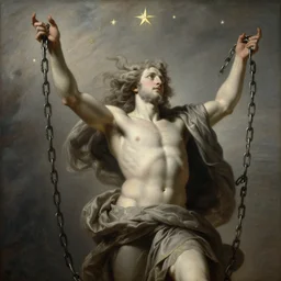 briareus, windy, chains broken on hands, stars, stoic, modern, is ( ( with arms half lifted toward us ) ). light dust, magnificent, hyperdetailed, theatrical, masterpiece, painted by jean honore fragonard and greg rutkowski