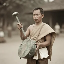 sukhothai, a tai medicine man or shaman in ceremonial dress, holding a dong son bronze drum. photograph, ca. 1 9 2 0