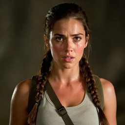 wide dslr photo still of lara croft, her face flushing and sweat, 8 k, 8 5 mm f 1. 4