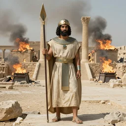 An ancient Assyrian warrior standing in front of the burning city of Nineveh