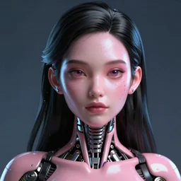 3d octane close-up render of baroque cyborg woman with black hair and pearlescent pink skin key sage wayne barlowe very soft blue neon lighting on one side wide angle 35mm shallow depth of field 8k