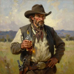 oil painting of old rugged cowboy with whiskey bottle and gun, art by anders zorn, wonderful masterpiece by greg rutkowski, beautiful cinematic light, american romanticism by greg manchess